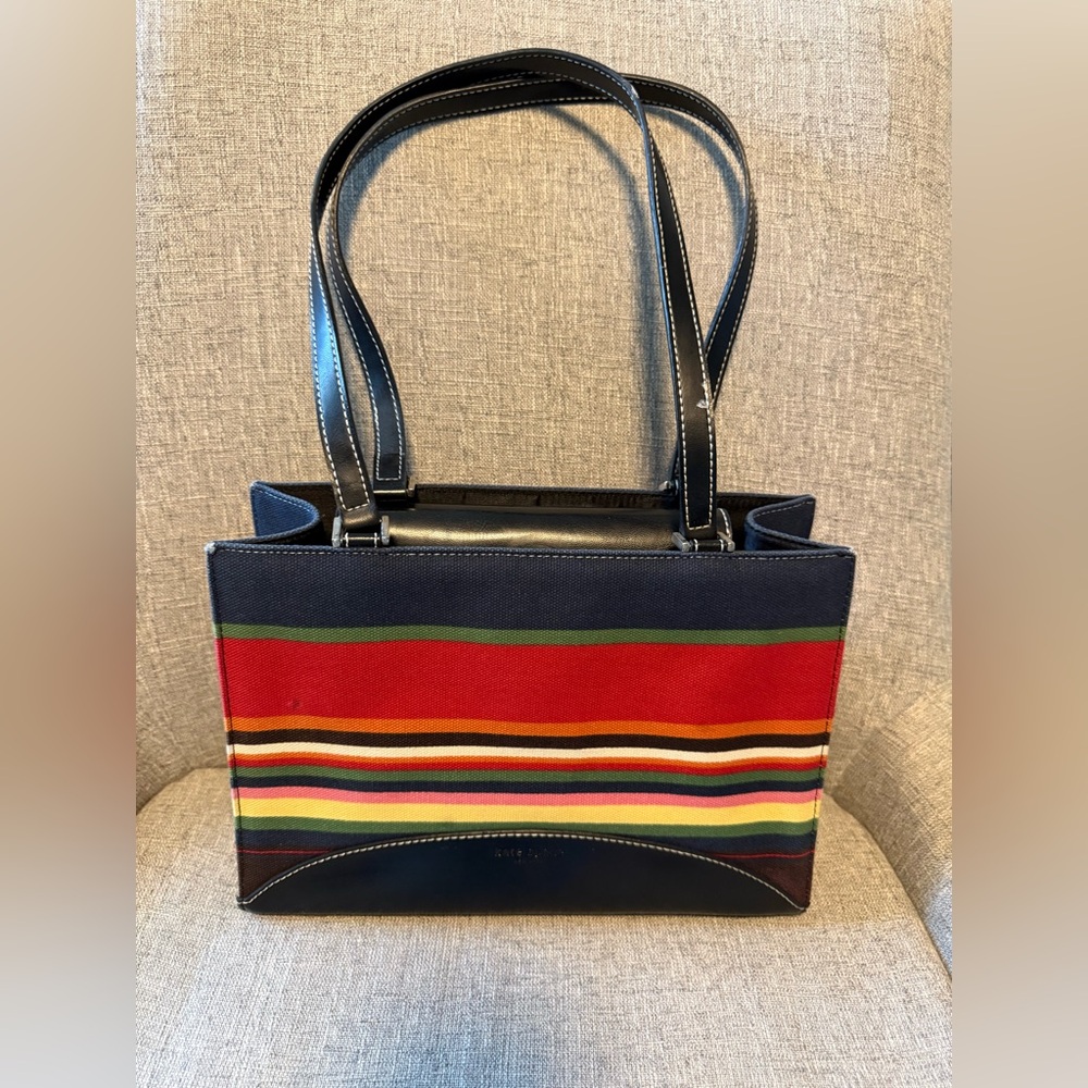 Kate Spade New York Striped Canvas Tote Multicolor Leather Trim Shoulder Bag